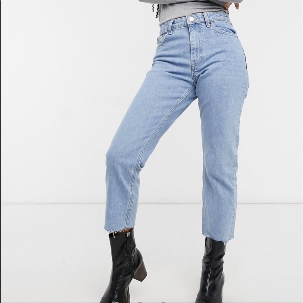Topshop Straight Leg Mom Jeans Raw Hem Blue Size 26